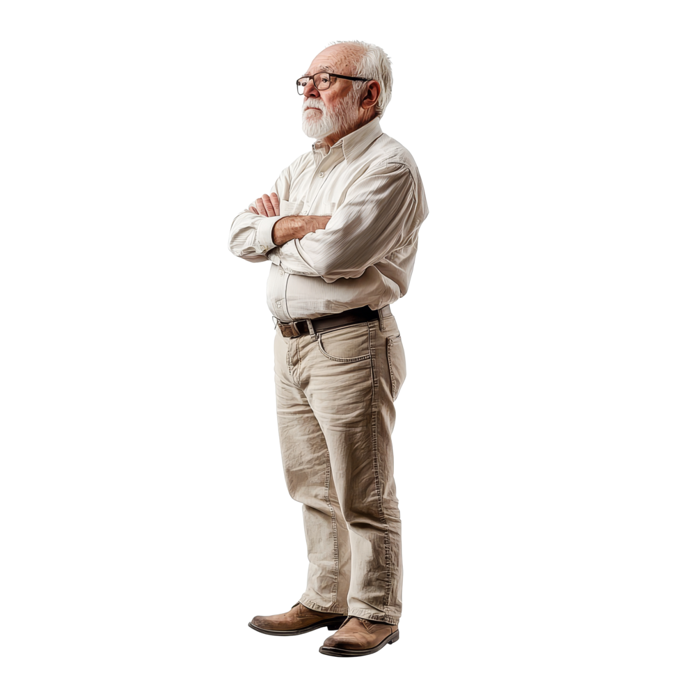 Elderly man with glasses standing confidently in neutral clothing against a transparent background indoors, Grandfather elder man standing full body view isolated on transparent background png