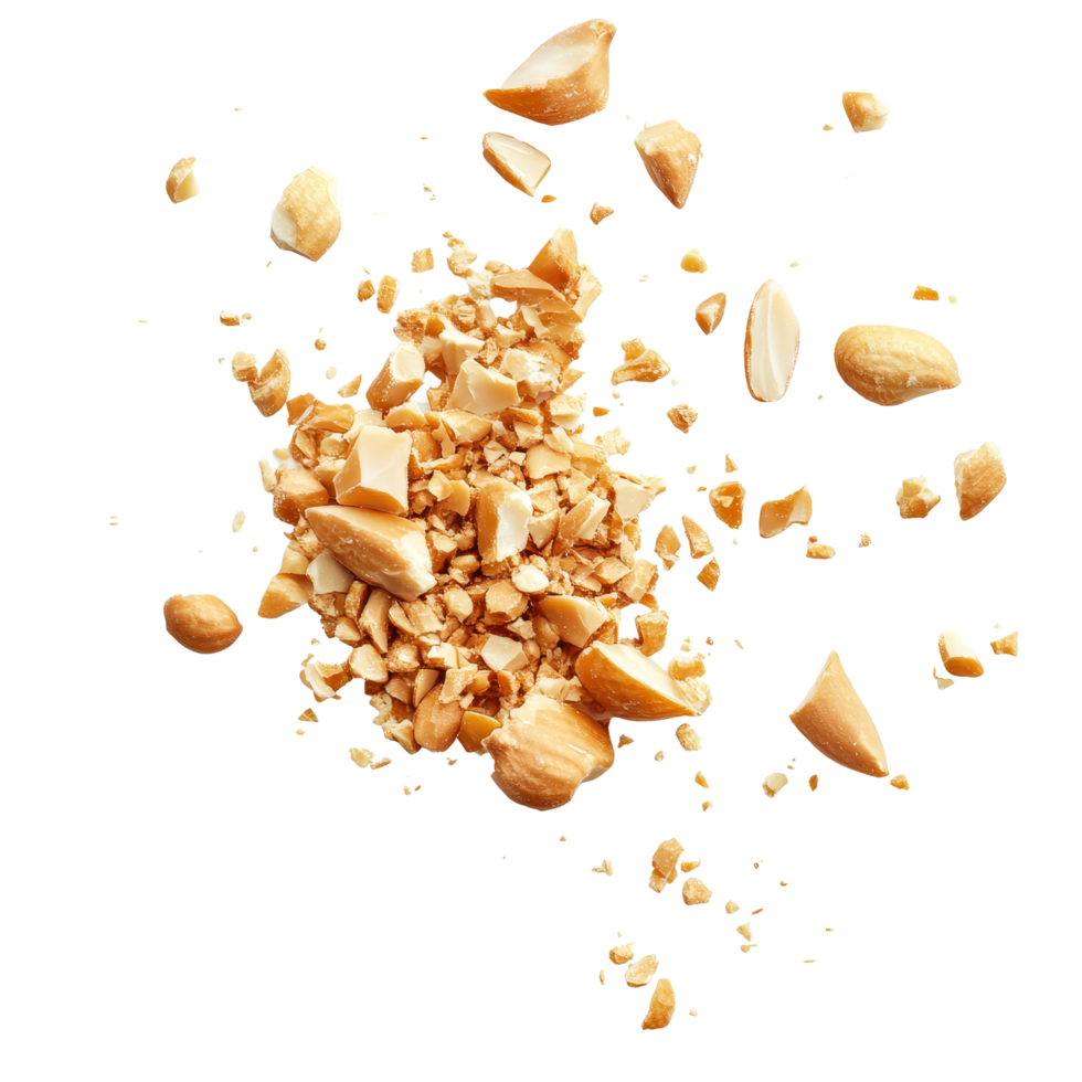 Crushed peanuts scattered over a clean transparent background, showcasing their texture and color for culinary use, Peanut crushed into pieces over transparent background png