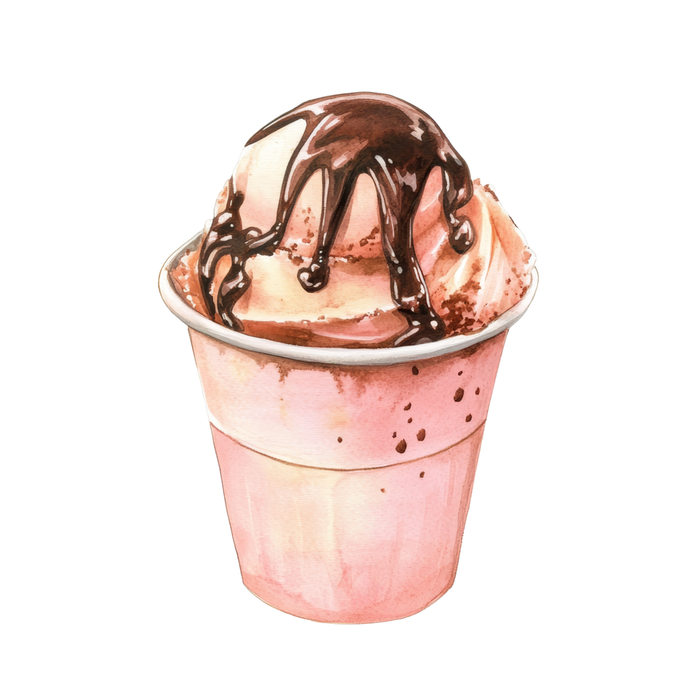 Delicious watercolor illustration of a cup of ice cream with chocolate drizzle on a transparent background, Realistic cute cartoon ice cream on transparent background png