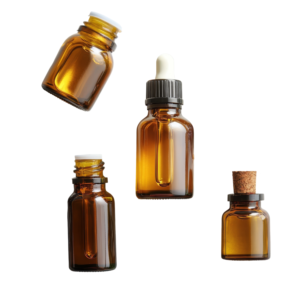 Essential oils in amber bottles surrounded by fresh herbs on a light wooden surface for aromatic therapy, Essential oil isolated png
