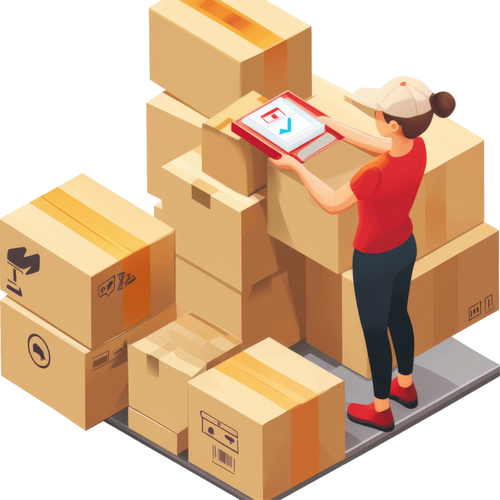 Express delivery worker tracking packages with a tablet among stacked cardboard boxes, Express delivery service and delivery tracking png