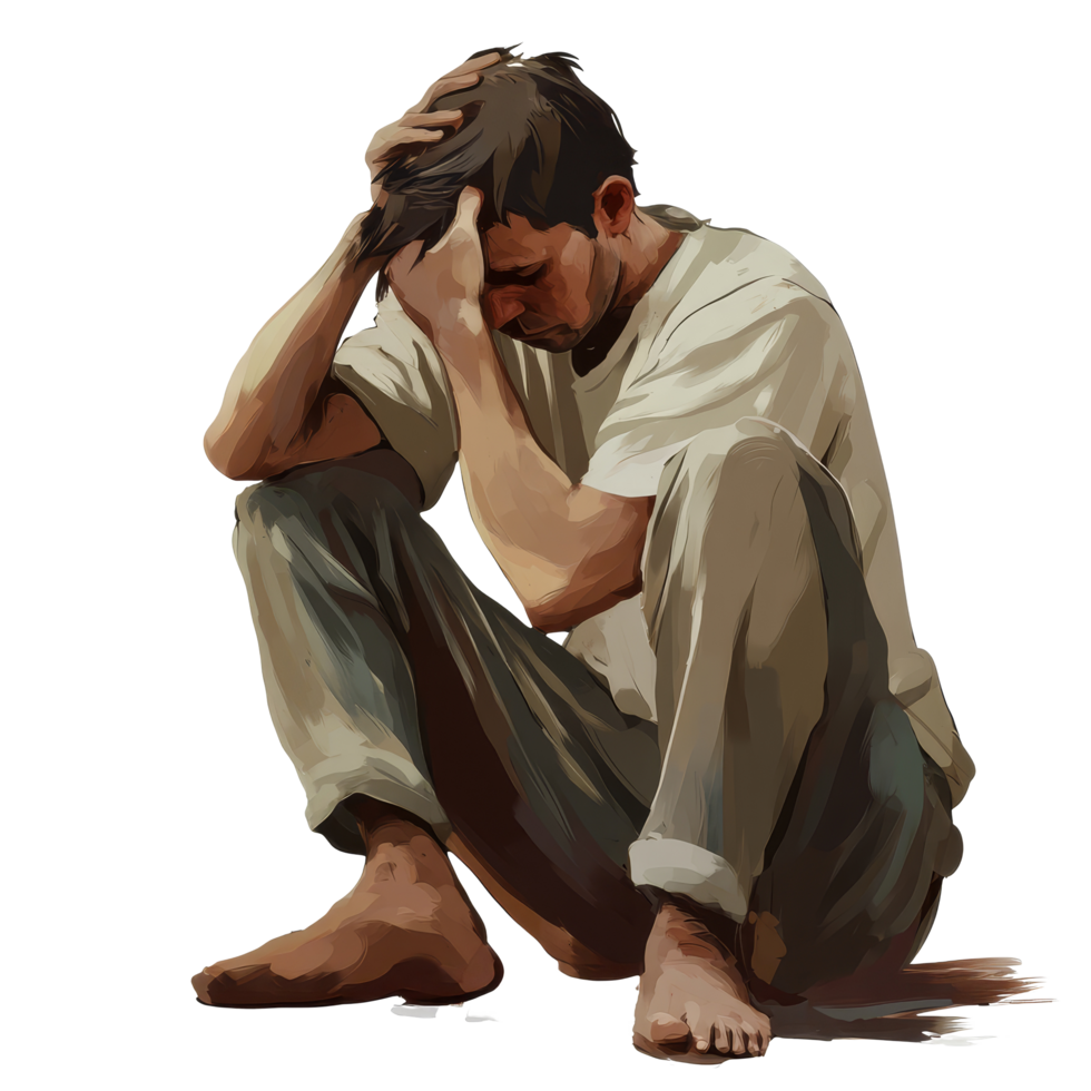 Emotionally distressed man sitting on the floor with his head in his hands showcasing deep discomfort and sadness, file no background Uncomfortable emotional man sitting and sweating png