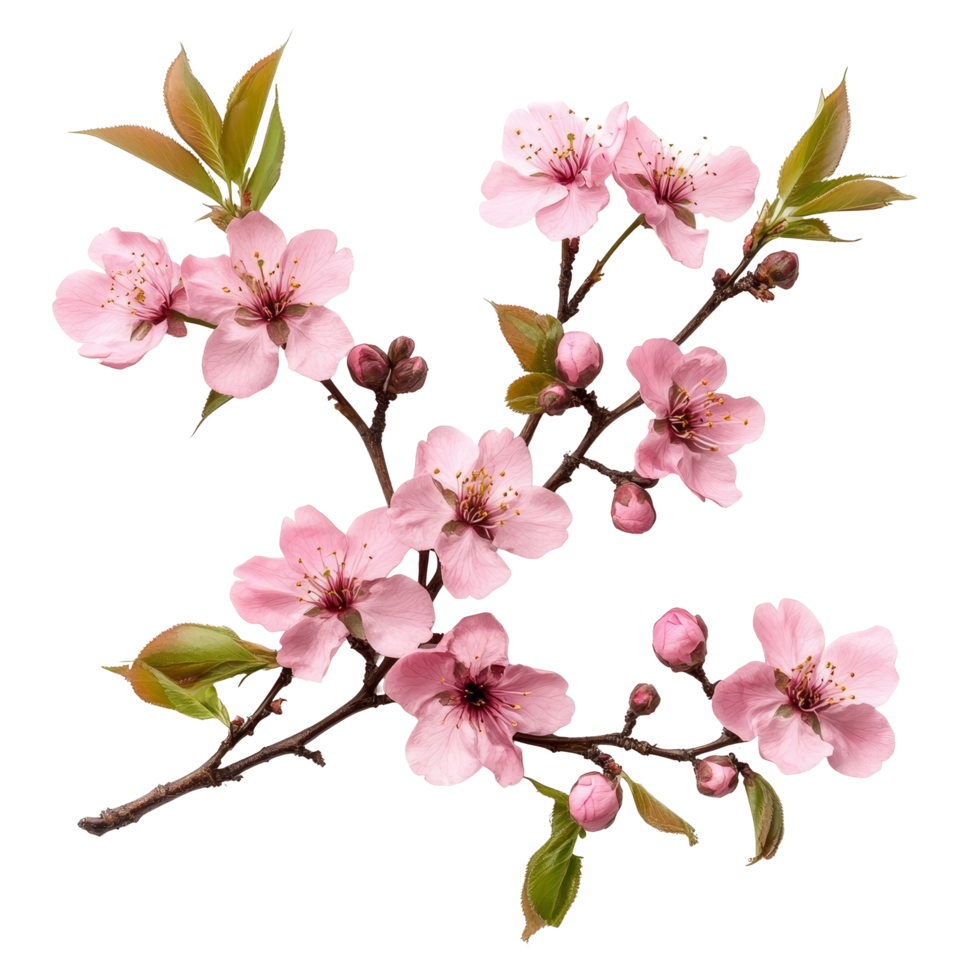 Delicate sakura flowers with green leaves isolated against a clean transparent background showcasing the beauty of springtime, floral sakura flowers isolated on transparent background cutout png