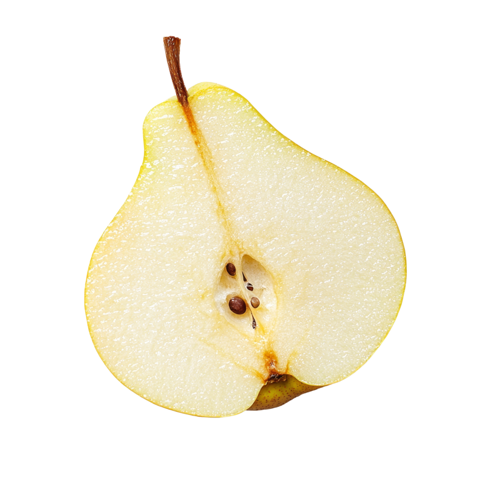 Sliced Chinese pear showcasing natural texture and seeds on a pristine transparent background, emphasizing freshness and simplicity in fruit presentation, Chinese pear slice on transparent background png