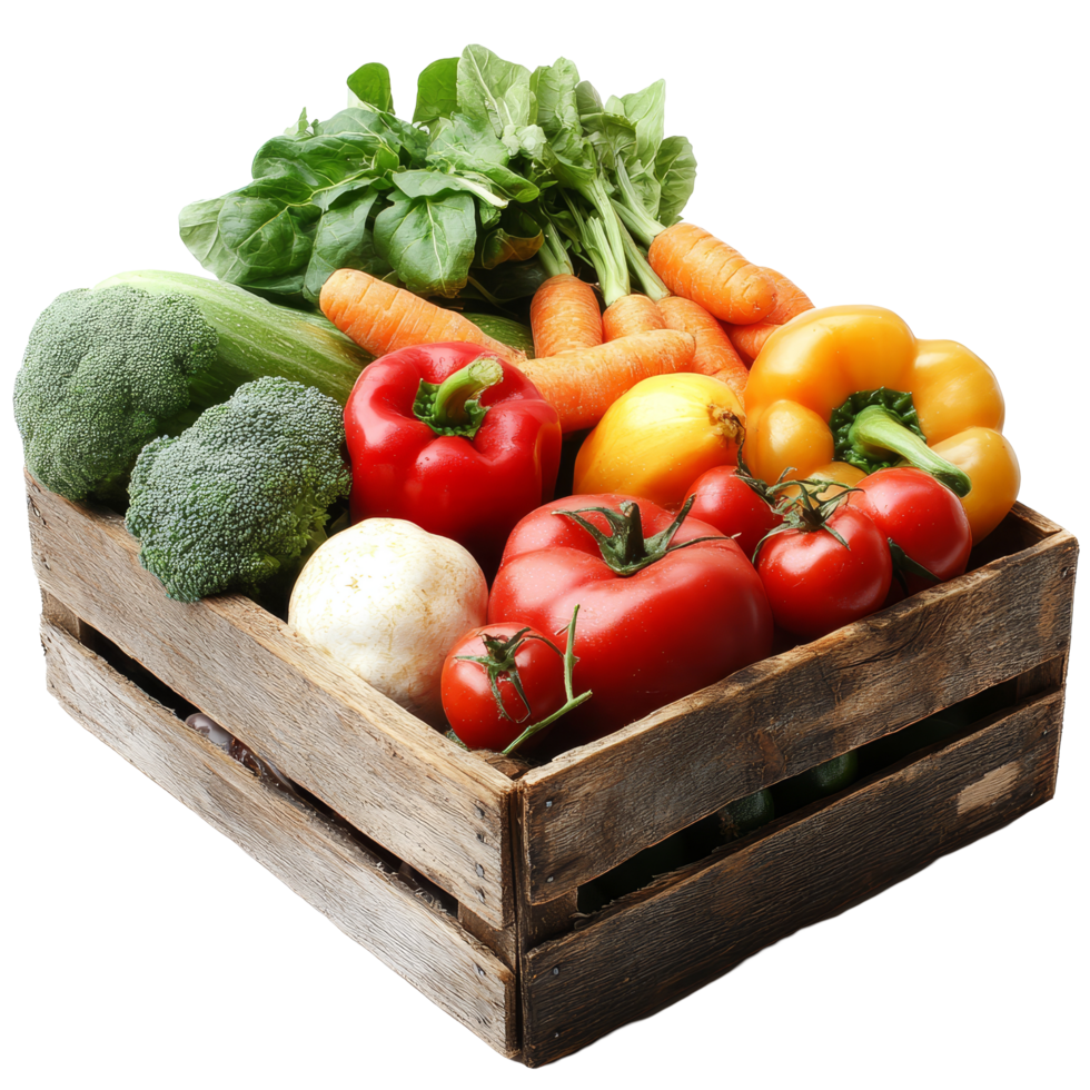 Colorful assortment of fresh vegetables in a rustic wooden box on a transparent background, vegetables in a wooden box isolated on transparent background png