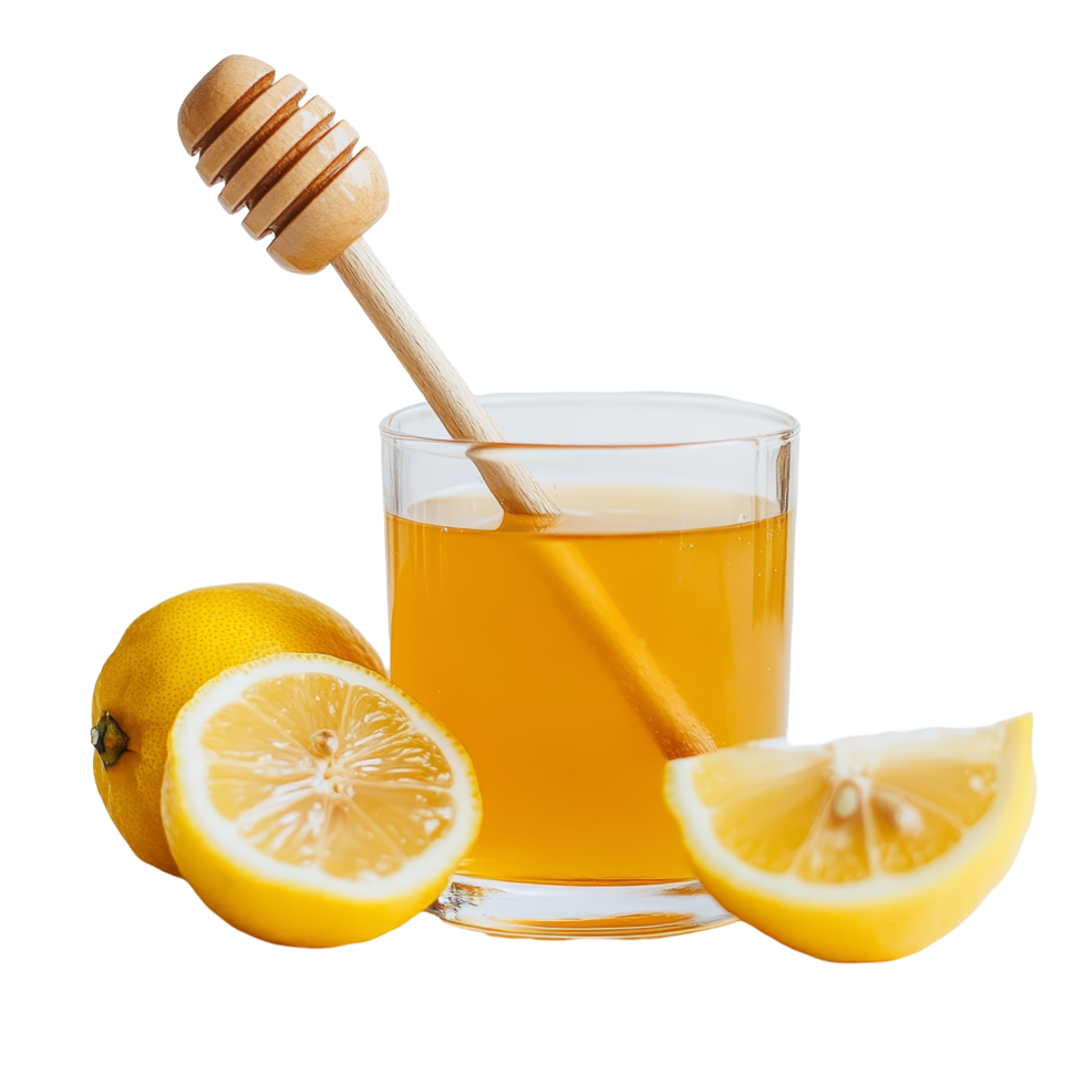 Refreshing honey lemon juice served in a glass with fresh lemon halves on a clean transparent background, Honey lemon juice in a glass on a transparent background png