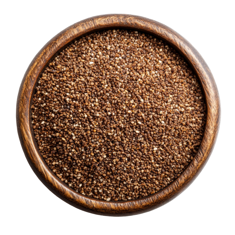 Brown teff grain in a wooden bowl on a transparent background showcasing its fine texture and rich color, Brown Teff Grain isolated on transparent background png
