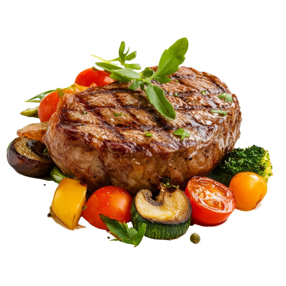 Delicious roasted beef steak served with colorful vegetables on a transparent platter, ideal for dinner any time of the year, roasted beef steak with vegetables isolated on transparent png