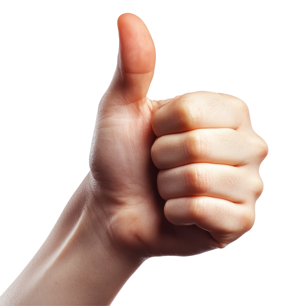 A confident hand gives a thumbs up sign on a bright transparent background promoting positivity and approval in any context, Positive Thumbs Up Hand Sign on transparent background png