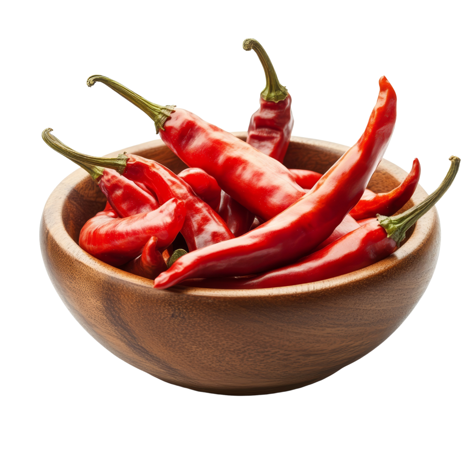 Fresh Szechuan peppercorns in a wooden bowl with vibrant red color on a transparent background, fresh Szetchwan pepper in wood bowl on transparent background png