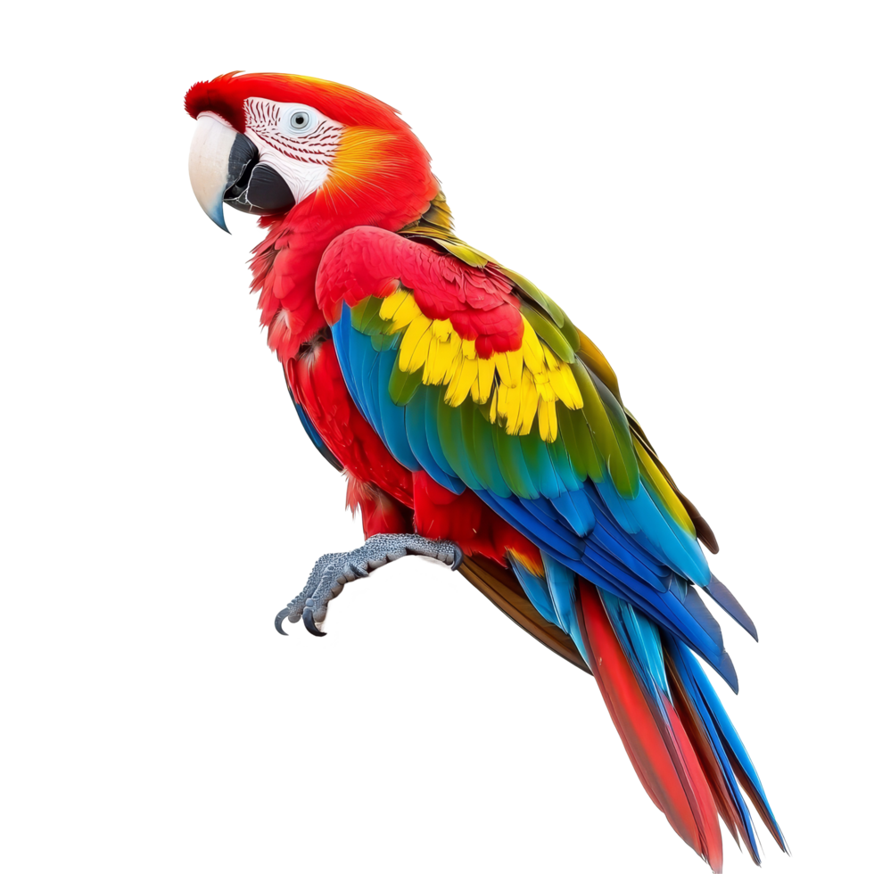 A colorful parrot perched gracefully on a branch against a bright transparent background, showcasing its vibrant plumage, perched parrot isolated on transparent background png
