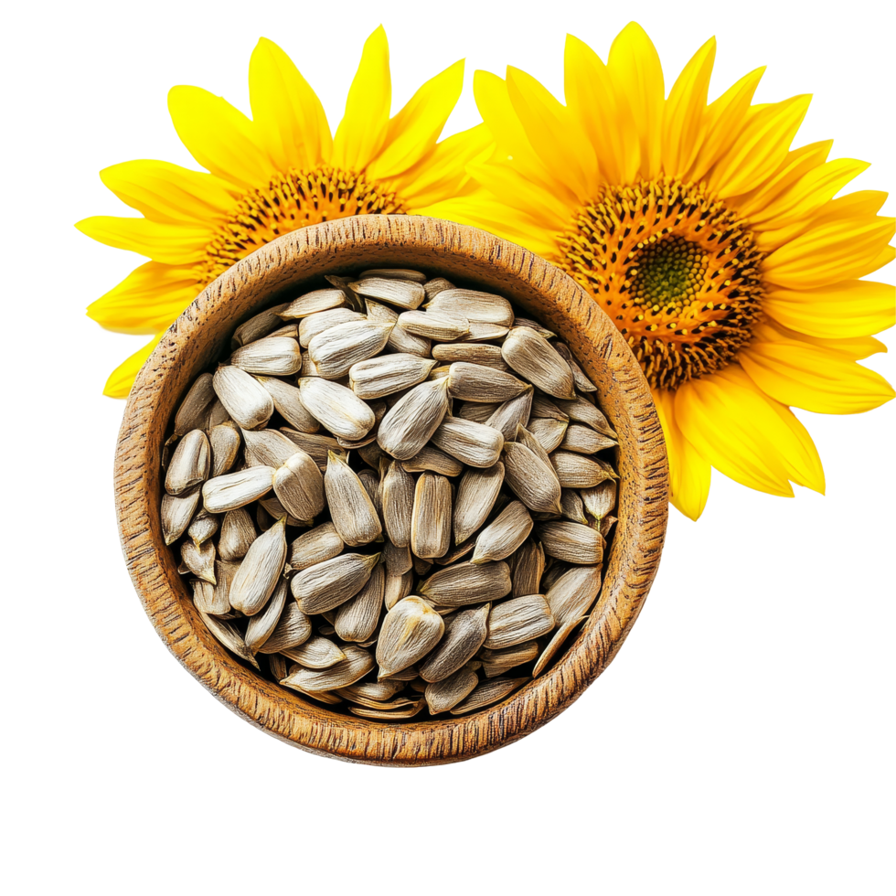 A bowl of sunflower seeds surrounded by vibrant sunflowers on a clean transparent background, Sunflower seeds in a bowl on a flower on a transparent background png