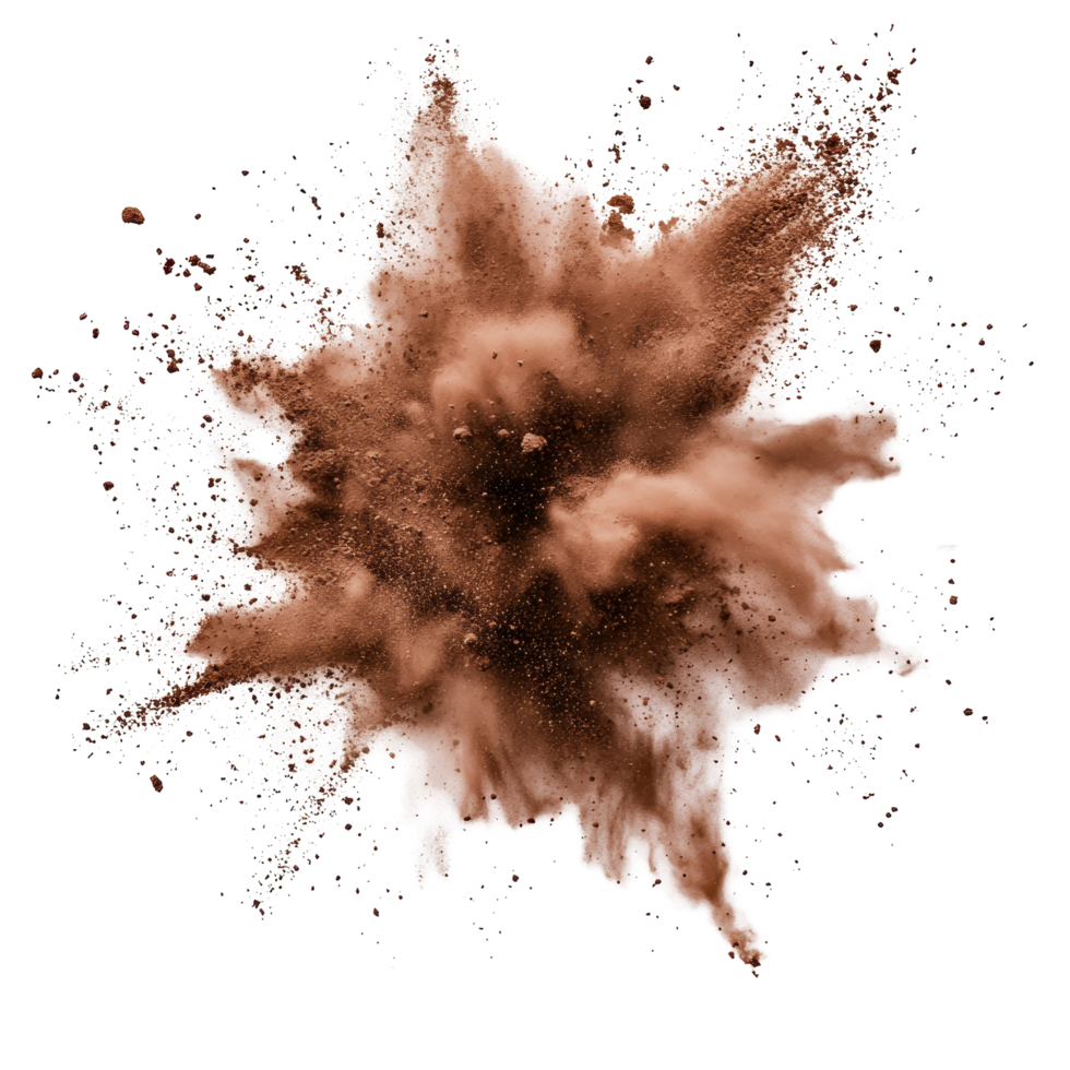 Dynamic brown powder explosion isolated on a transparent background creating an artistic effect, brown color powder explosion isolated on transparent background png