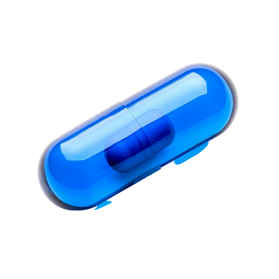 Blue transparent capsule resting on a soft surface, showcasing its medicinal contents clearly, Blue Transparent pills content medicine capsule on transparent background png