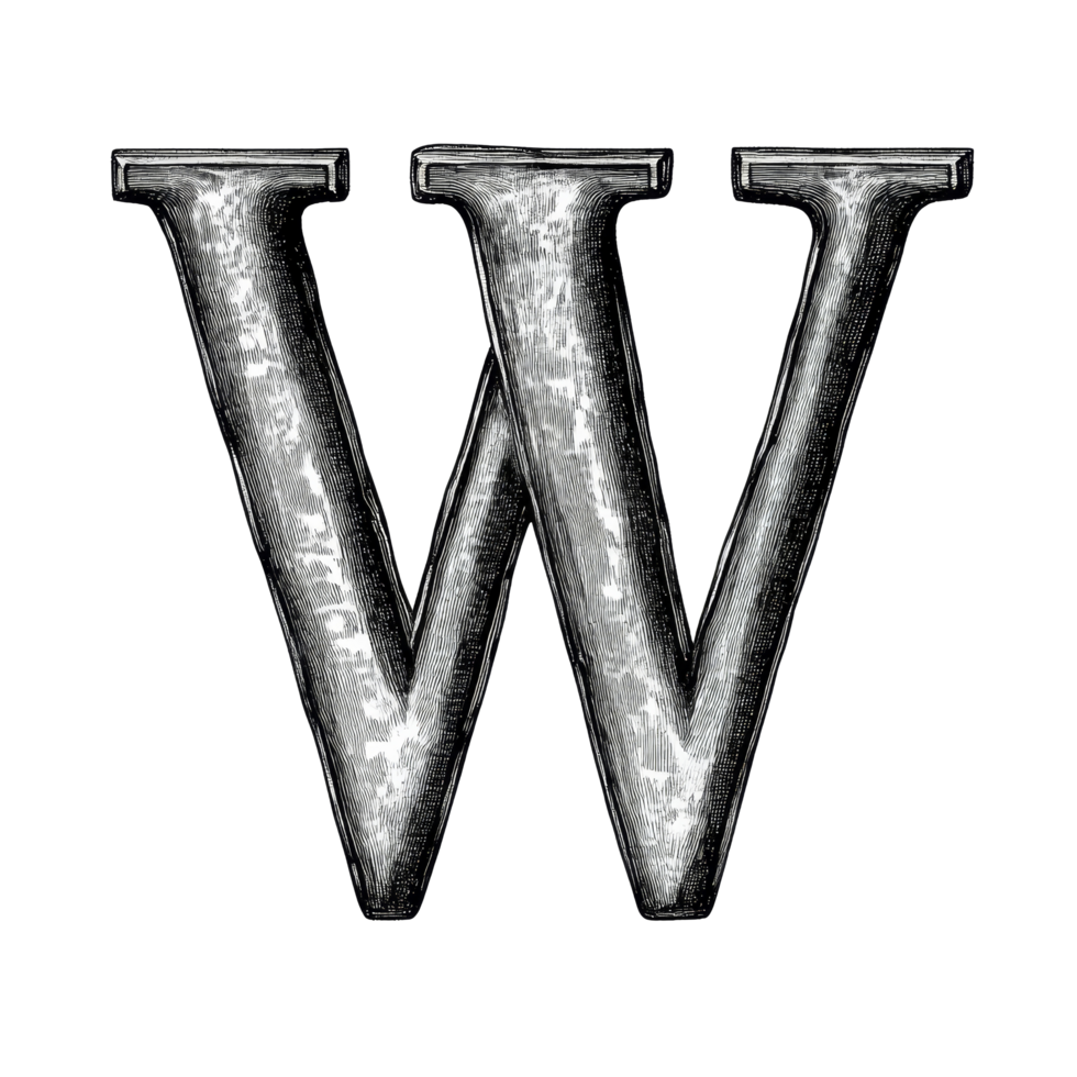 Consonant letter W carved on pale blue showcasing intricate textures and its use in forming words for educational, consonant letter a is used to make words on transparent backgroundfile png