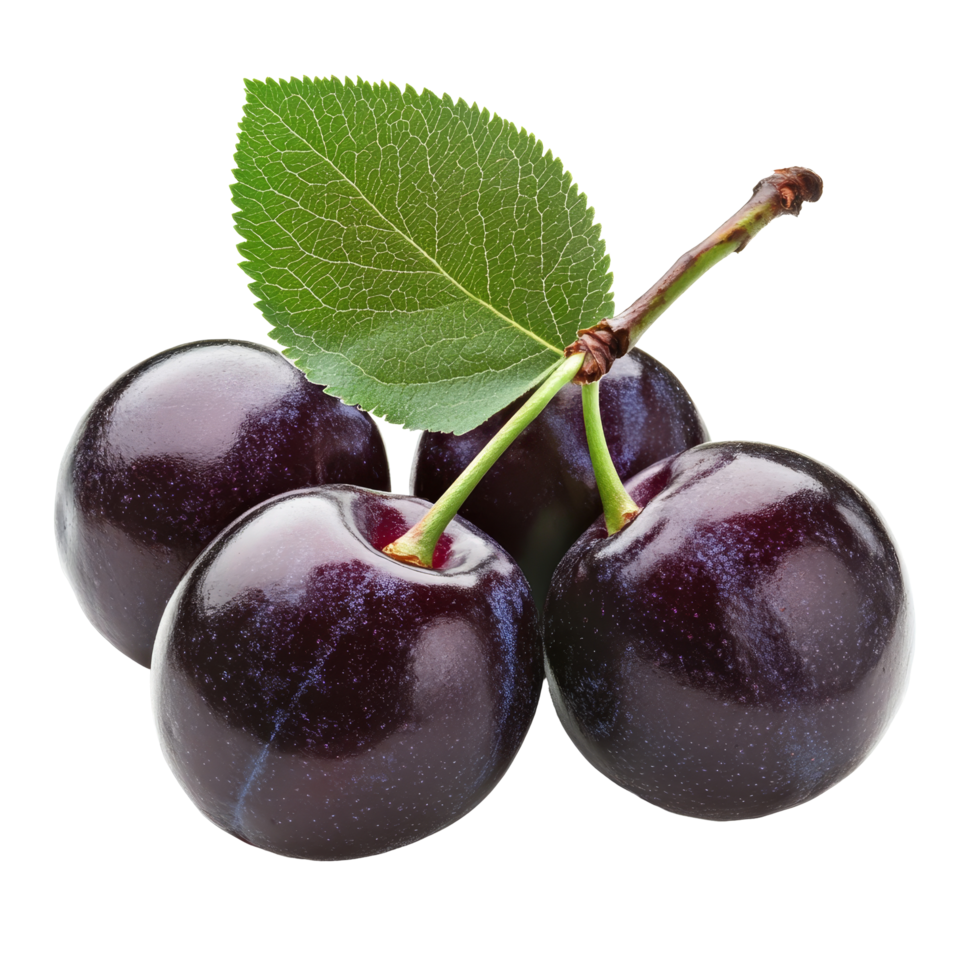 Fresh plum cherry with vibrant leaves against a clean transparent background showcasing its natural beauty, plum cherry on transparent background png