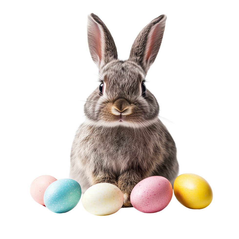 A funny bunny celebrating Easter with colorful eggs on a bright transparent background, funny bunny easter with eggs on transparent background png