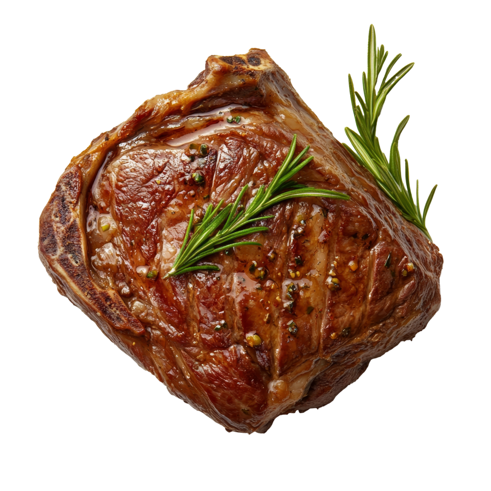 Succulent roasted beef with herbs presented on a clean transparent background, Roasted beef top view isolated on transparent background png