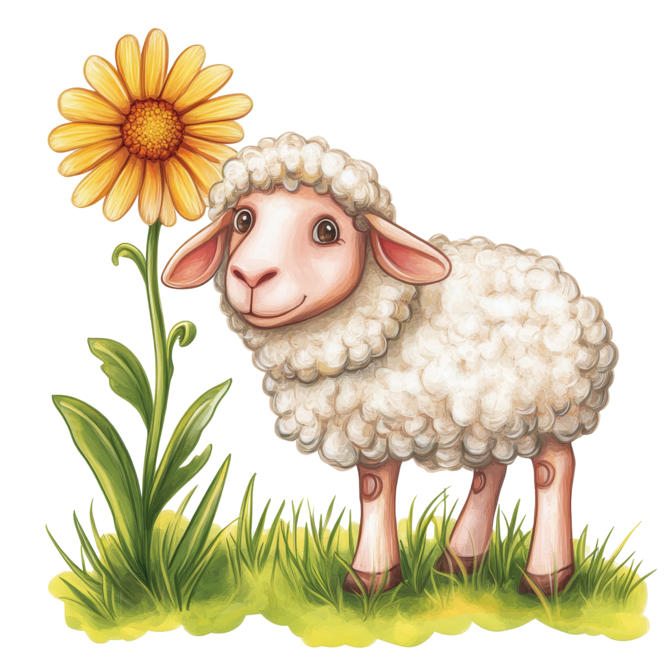 A cute clip art sheep standing beside a vibrant flower on a transparent background ideal for childrens designs or educational materials, clip art sheep and flower isolated on transparent background png