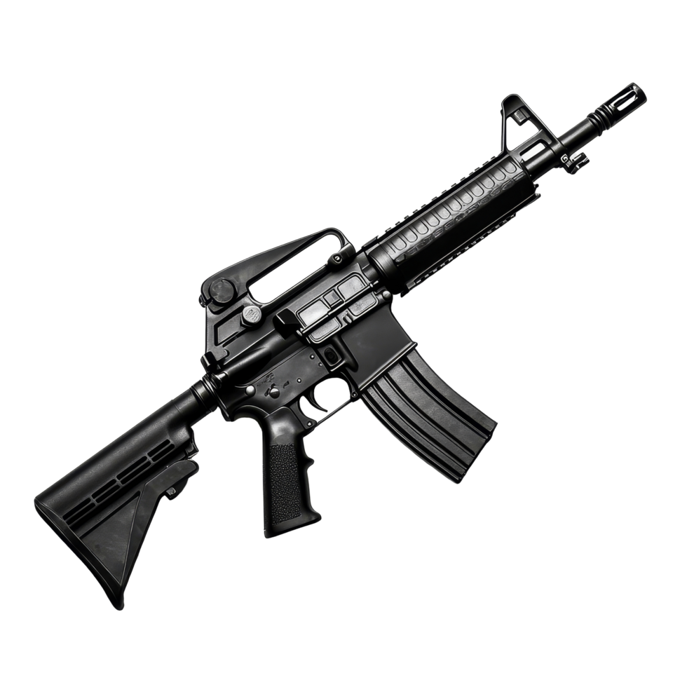 Assault rifle resting on a clean transparent background showcasing its design and features in a static position, M4A1 Assault Rifle on transparent background png