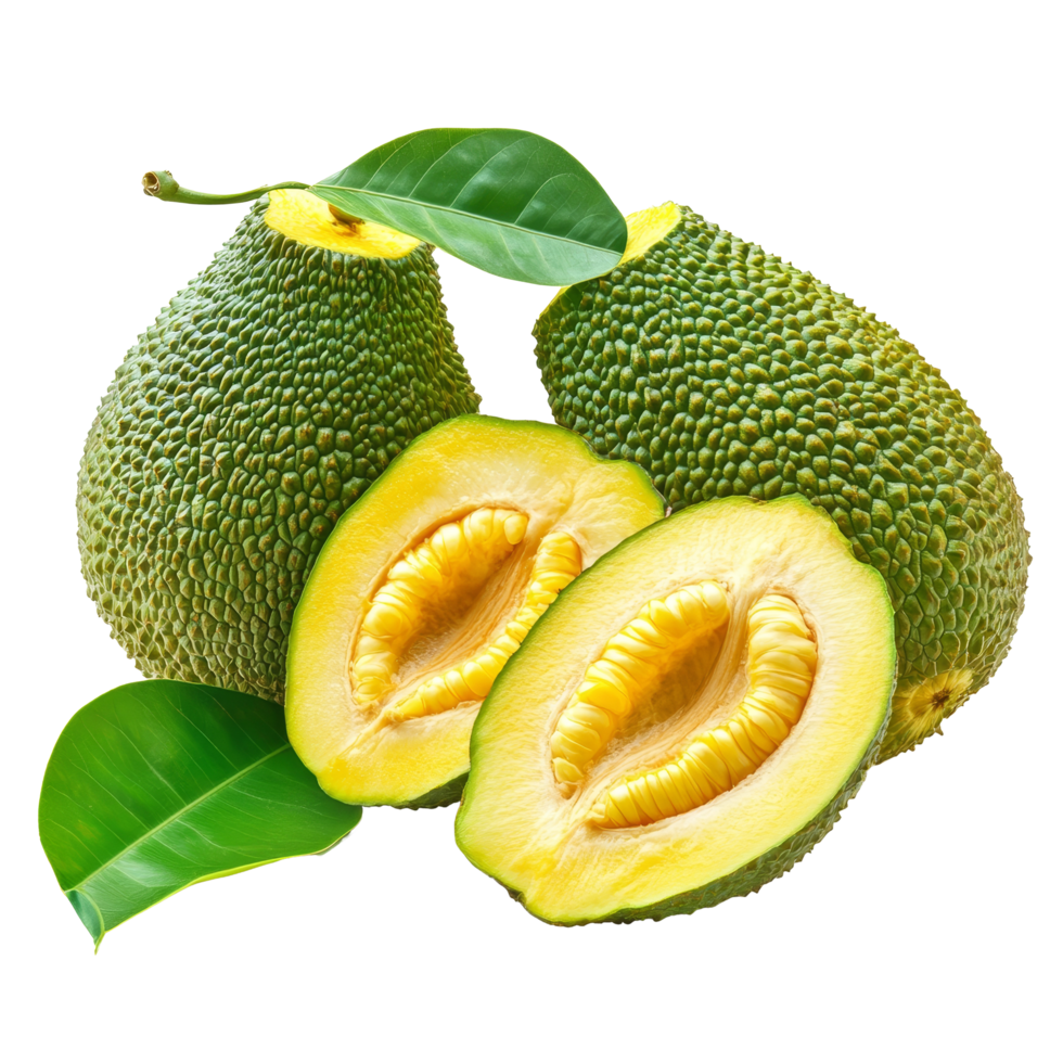 Fresh jack fruits with green leaves on a bright transparent background highlighting their unique texture and color, jack fruits with leaf on transparent background png