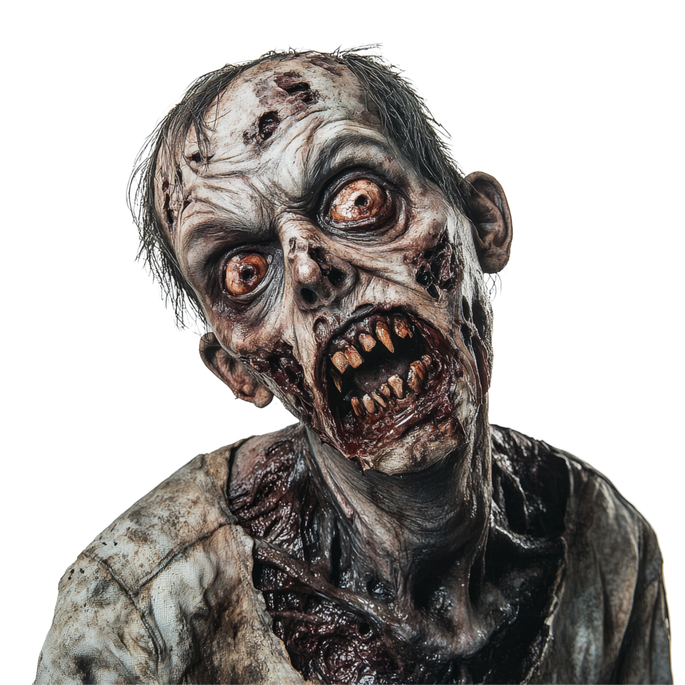 A terrifying zombie with gruesome features and haunting eyes on a stark transparent background, Scary Horror Zombie on transparent background png