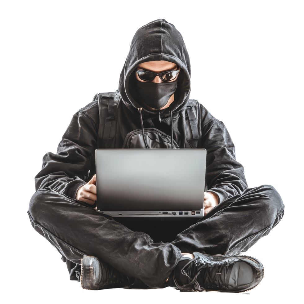 Hacker using laptop while seated on a transparent background, focused on digital tasks with a concealed identity, Hacker with Laptop on transparent background png