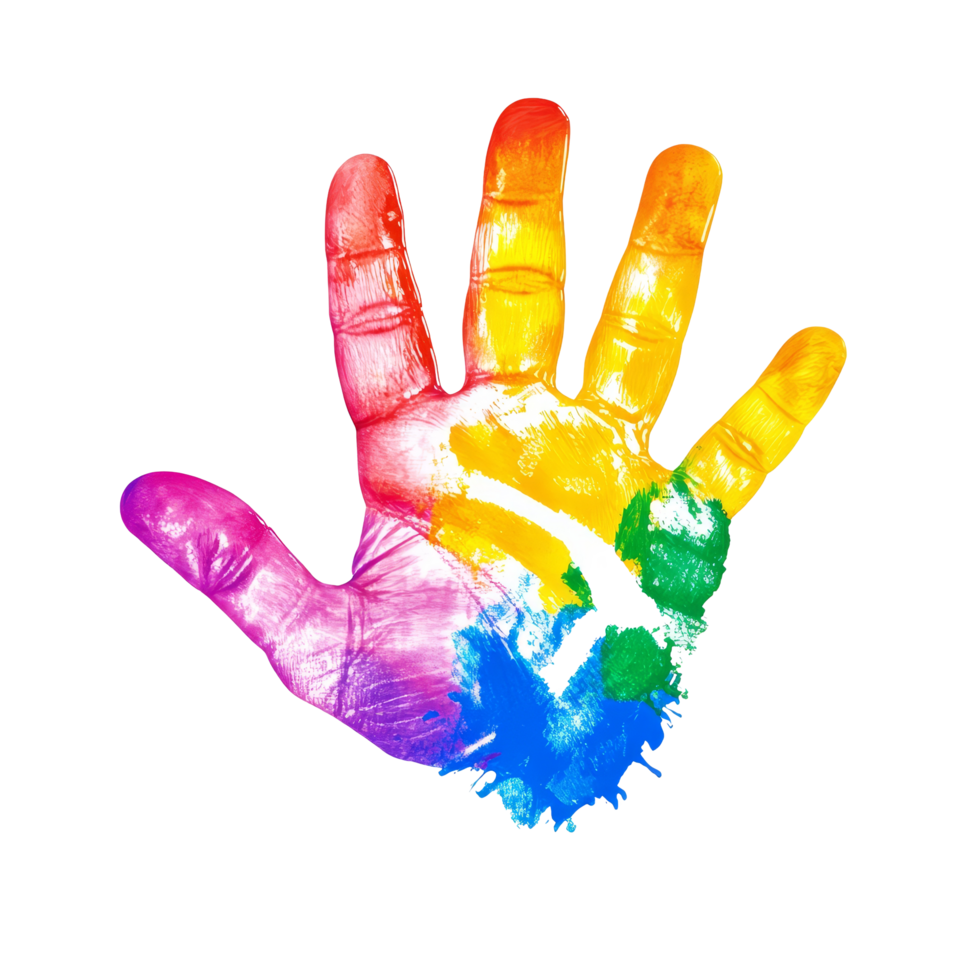 Colorful hand prints made by children on a bright transparent background showcasing creativity and joy, colorful hand prints of children isolated on transparent background png
