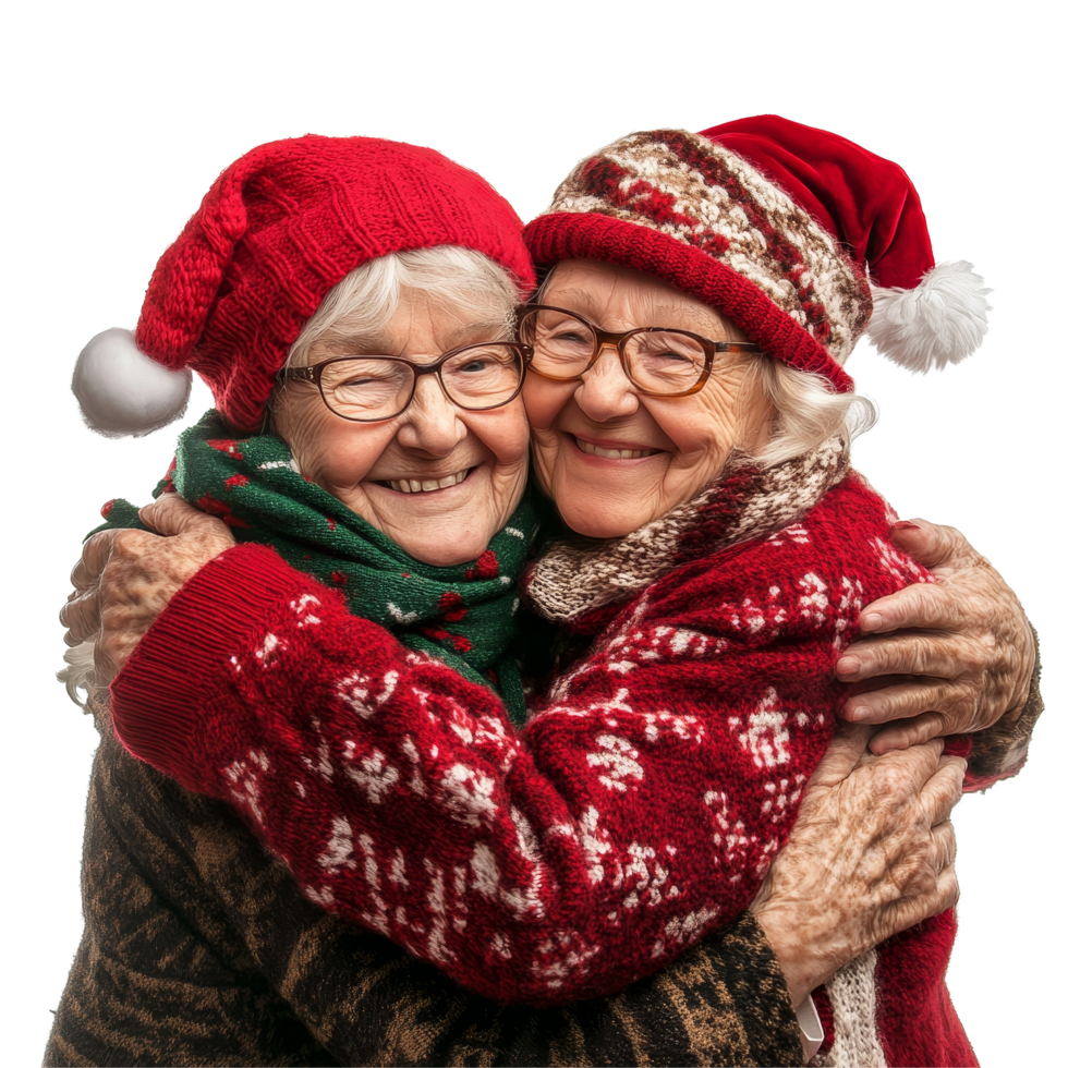 Elderly women in festive attire warmly embracing each other in front of a transparent background during Christmas celebrations, Elderly Women christmas Hugging On transparent background png