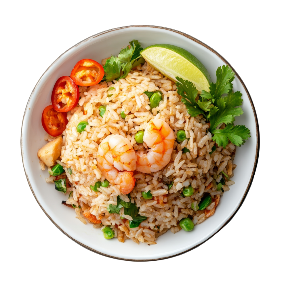 Delicious Thaistyle fried rice with shrimp paste, fresh herbs, and lime served in a transparent bowl, Fried rice with Shrimp paste, Thai style food on transparent background png