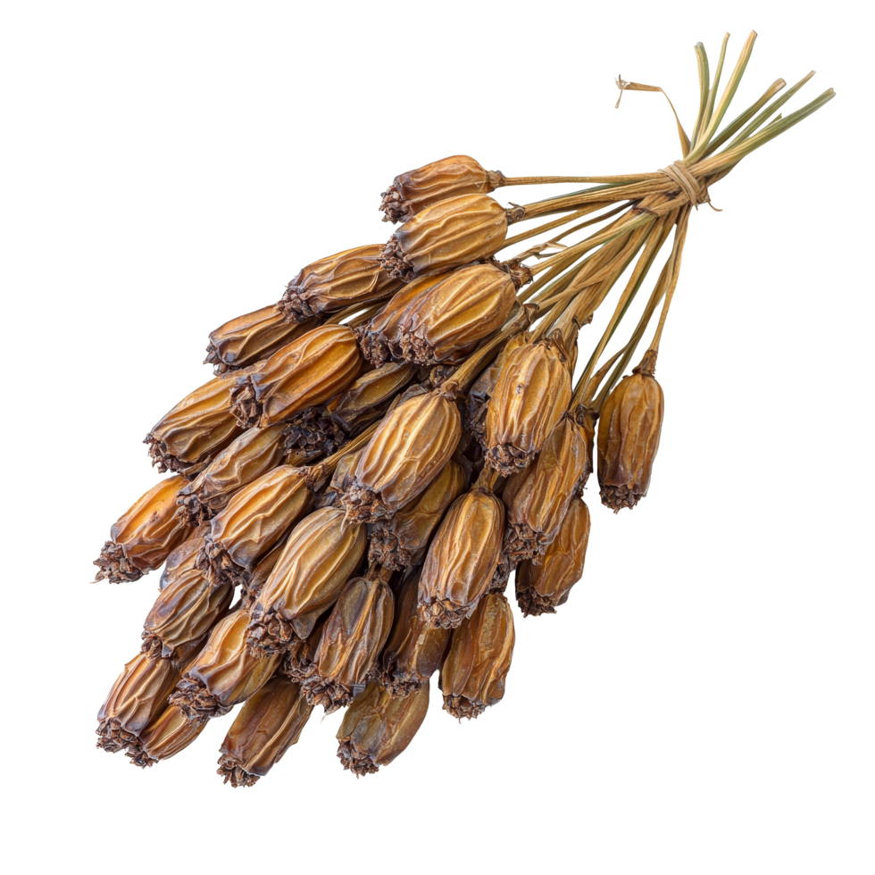 Dried date palm bunch isolated on a transparent background highlighting natural textures and colors of organic material, Dried date palm isolated on transparent background png