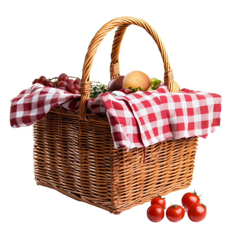 A classic picnic basket filled with fresh fruits and veggies on a transparent background, perfect for outdoor dining, picnic basket on transparent background png