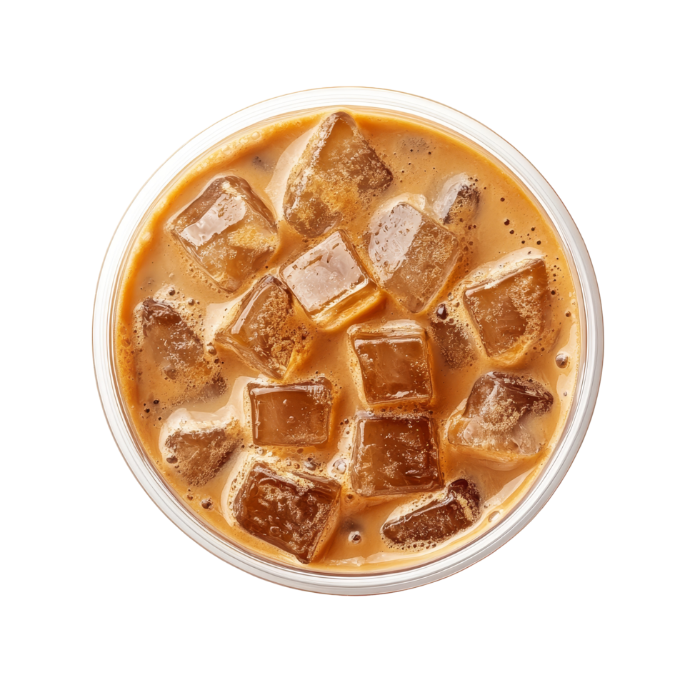 Enjoying a refreshing iced coffee cup from above on a bright transparent background, iced coffee cup view from above isolated on transparent backgroud png