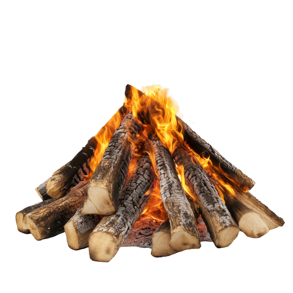 A vibrant bonfire burns brightly with wood logs on a clean transparent background, bonfireisolated transparent background png