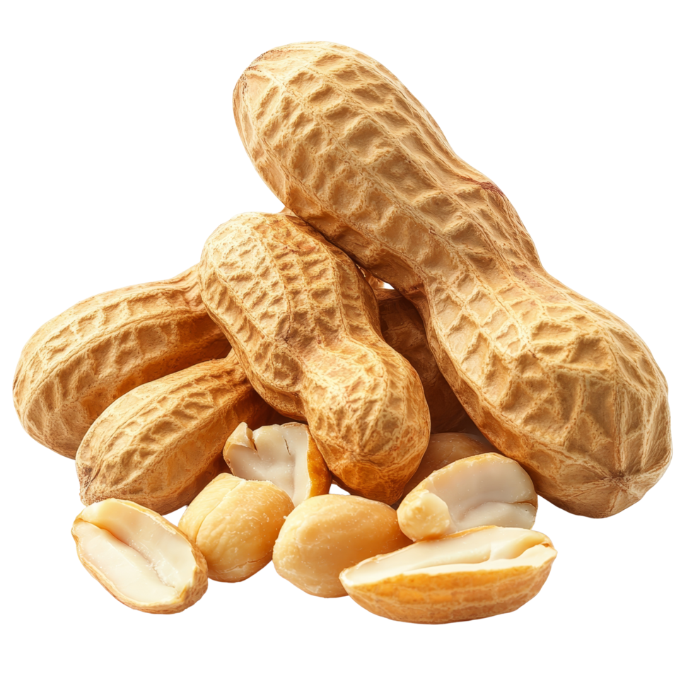 Peeled peanuts and their shells collected together on a transparent background for culinary use and presentation, peeled peanuts isolated png