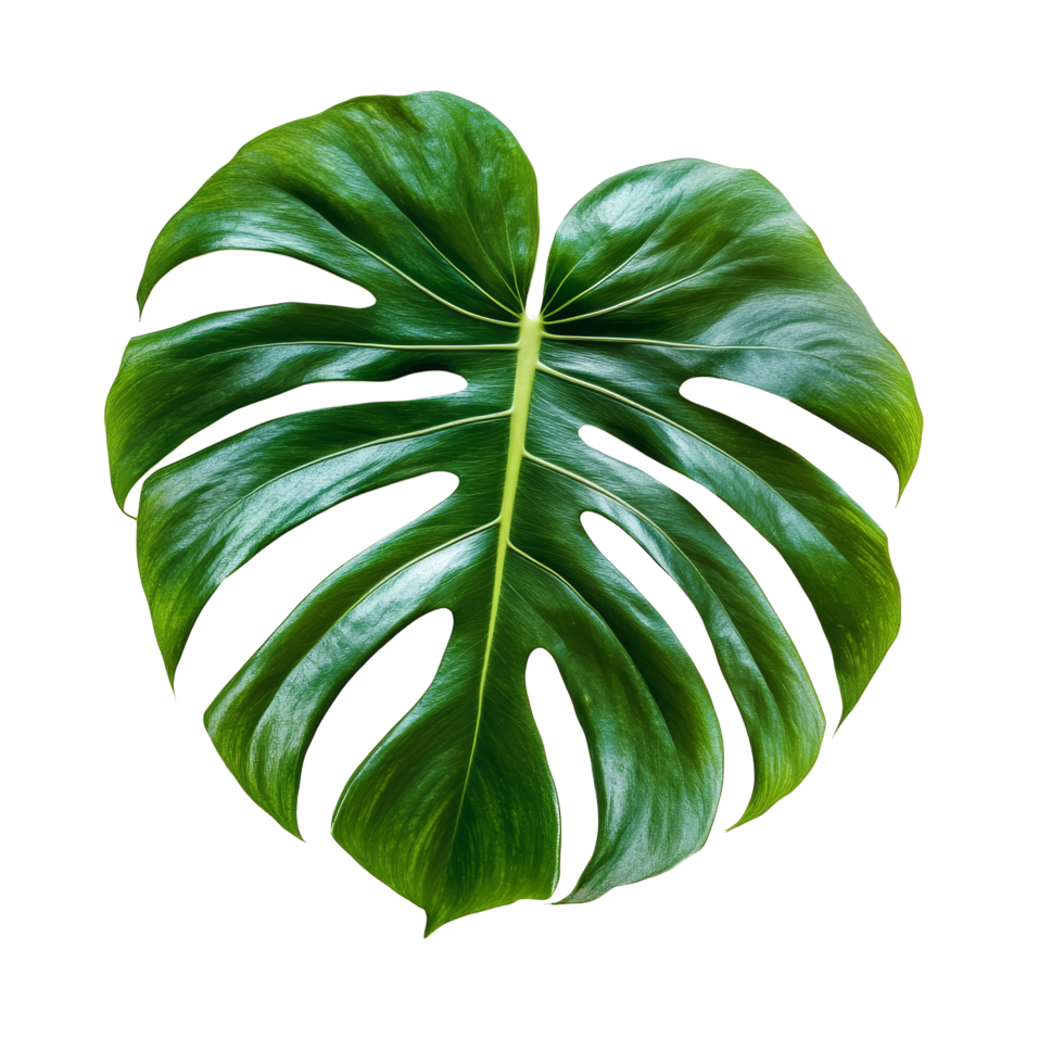 Elegant monstera leaf cutout resting on a transparent background showcasing its unique shape and vibrant green color, monstera leaf on transparent backgroundfile png