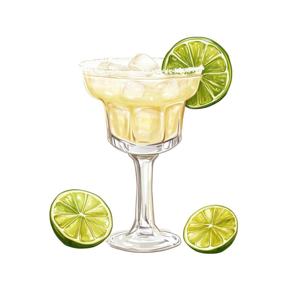 Refreshing margarita cocktail with lime garnishes served in a glass on a bright transparent background, margarita cocktail drink tequila isolated on transparent background png