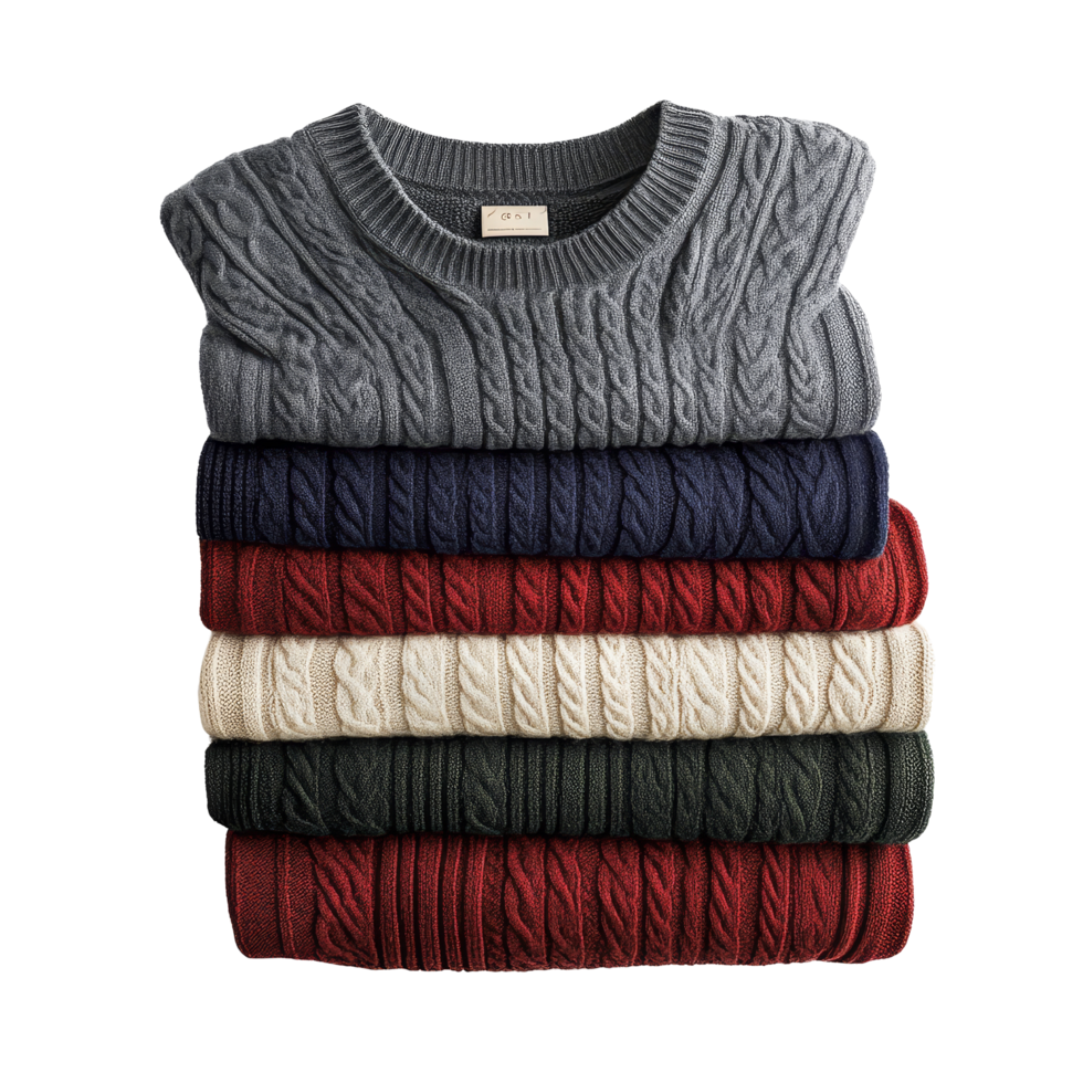 A neatly arranged pile of sweaters in multiple colors, featuring textured patterns, sweaters stacked group on transparent background png