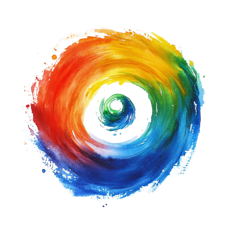 A vibrant rainbow swirl created with watercolor paints on transparent canvas showcasing color blending and artistry, Rainbow Colored Swirl Watercolor Paint Stain on transparent background png