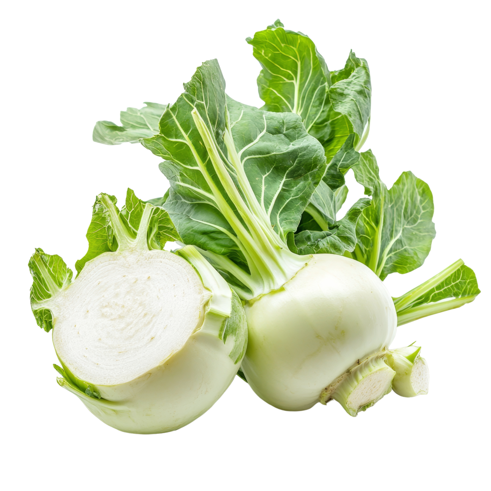 Fresh kohlrabi with vibrant green leaves on a bright transparent background showcasing its crisp texture and freshness, Fresh kohlrabi with green leaves on transparent background png