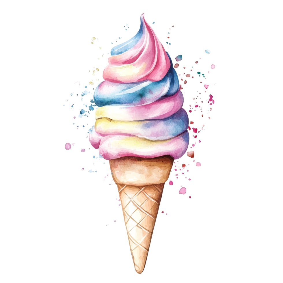 A delightful watercolor depiction of a colorful ice cream cone on a transparent background, Realistic cute cartoon ice cream on transparent background png