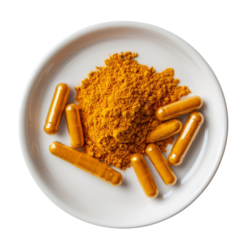 Turmeric powder and capsules displayed on a transparent plate showcasing natural health supplements, Turmeric powder and turmeric capsules in a plate on transparent background png