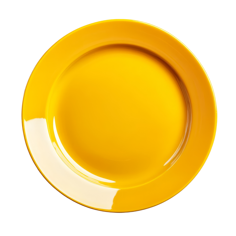 Empty yellow plate on a bright transparent background, showcasing simple and vibrant tableware design in natural light, yellow empty plate on transparent background png