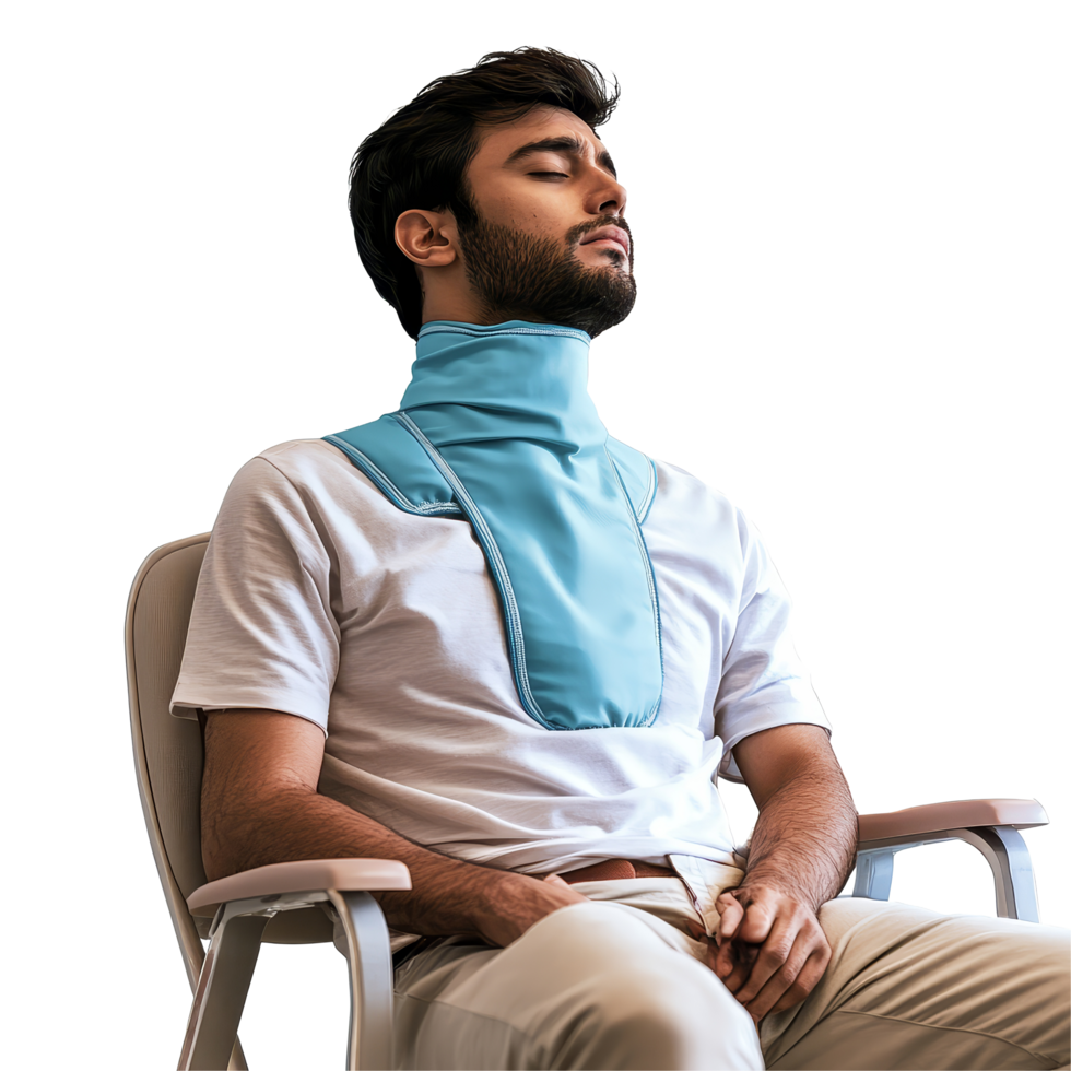 Man seated with a neck brace, resting peacefully in a clinical setting for recovery after injury, file no background Injured patient with neck brace sitting on a chair png