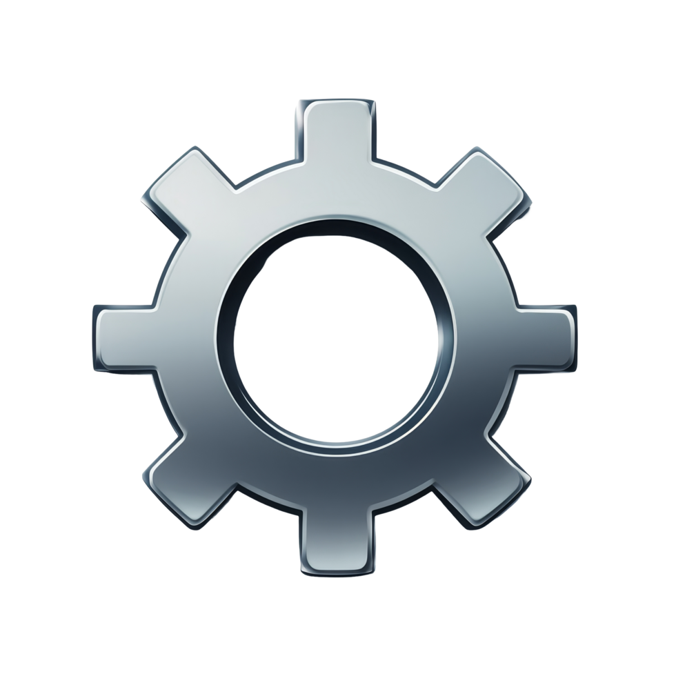 Sleek metallic gear icon isolated on a bright transparent background representing mechanical concepts and technology, gear icon isolated on transparent background png