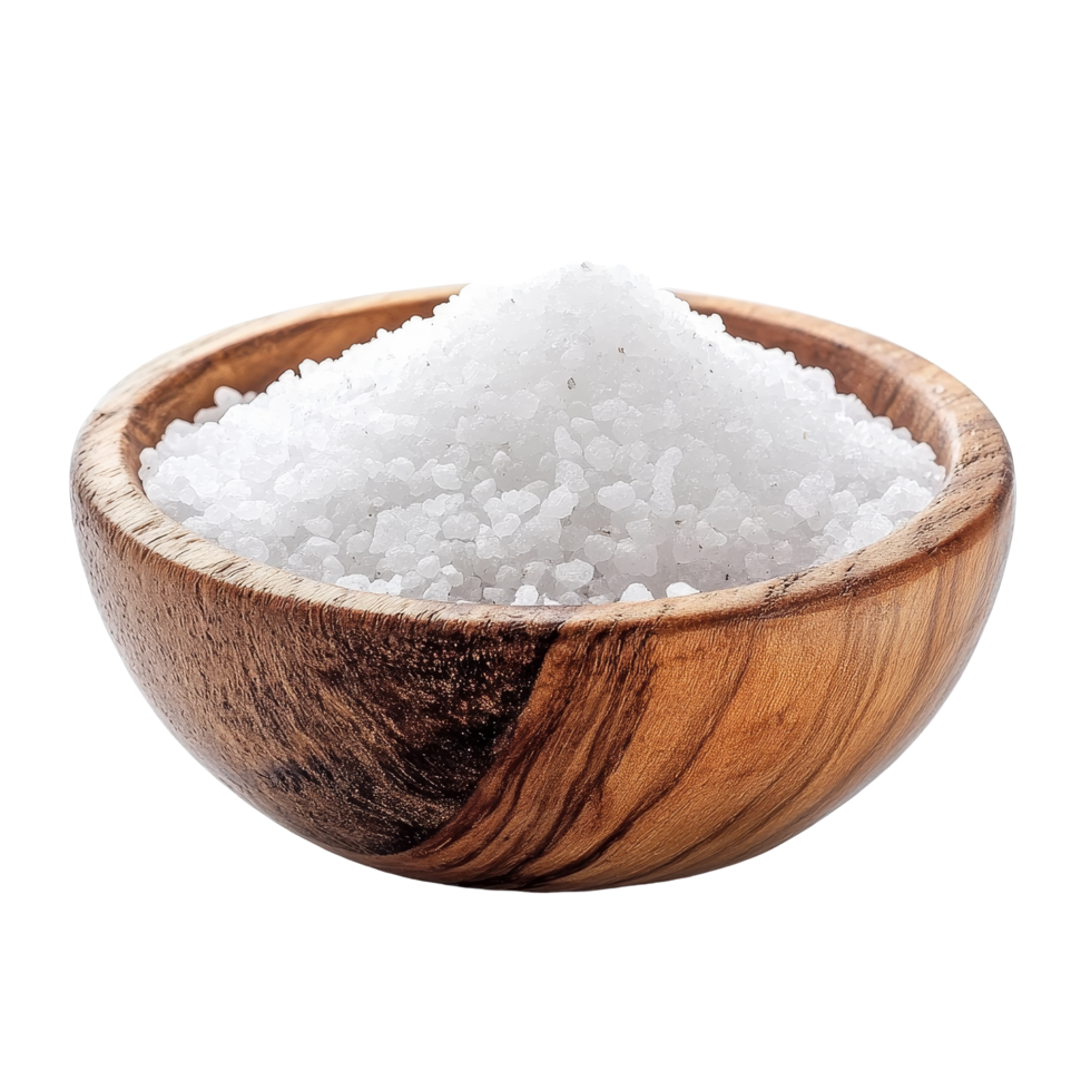 A wooden bowl filled with coarse salt on a clean transparent background showing natural texture and simplicity, salt in wood bowl on transparent background png