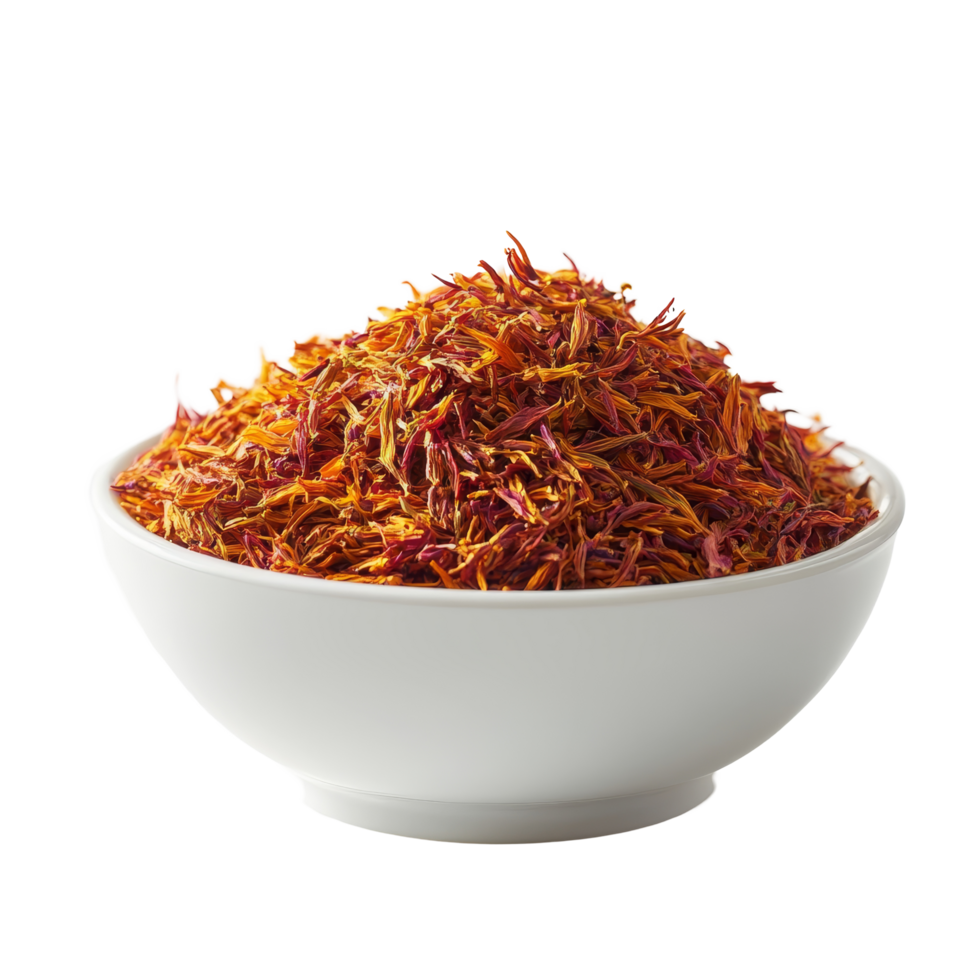 Dried safflower petals in a transparent bowl against a clean transparent background, dried safflower in transparent bowl on transparent background png