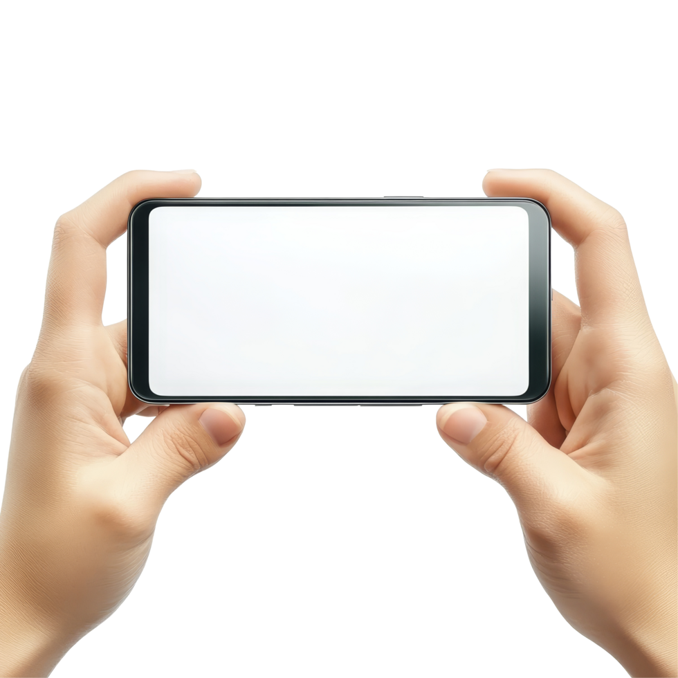Hands holding a horizontal smartphone mockup with a blank display against a transparent background, Mobile phone display mockup, horizontal smartphone screen in hands, isolated on transparent png