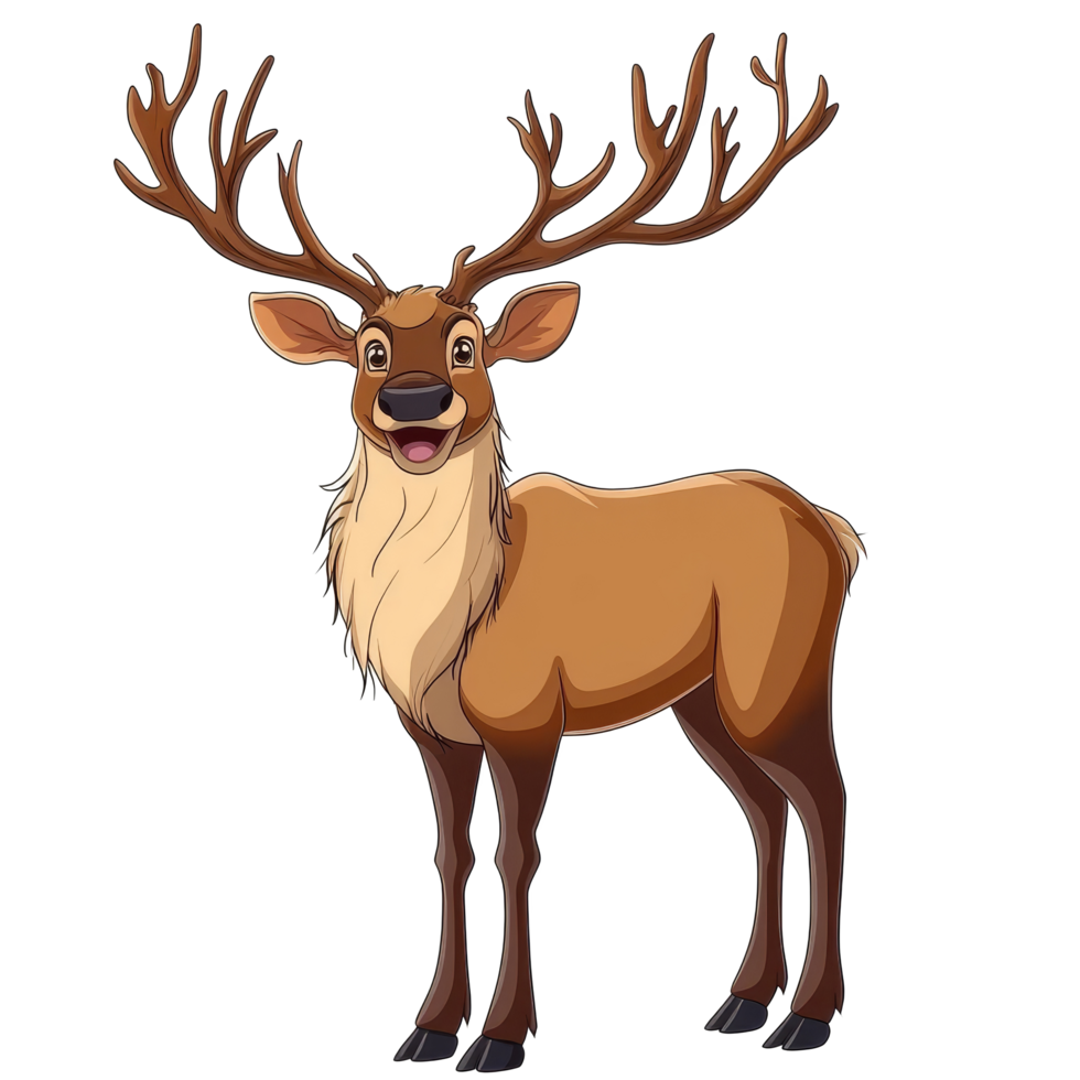 A joyful cartoon elk stands isolated on a transparent background, showcasing its vibrant antlers and cheerful expression, perfect for playful designs, Cartoon joyful elk isolated on transparent png