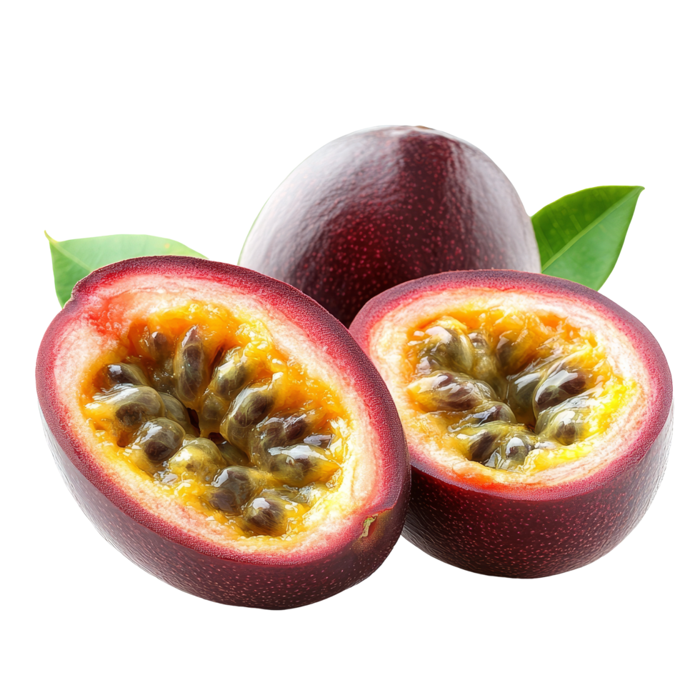Fresh passion fruit cut open, revealing vibrant pulp and seeds against a transparent background, Passion fruit isolated in transparent background format png